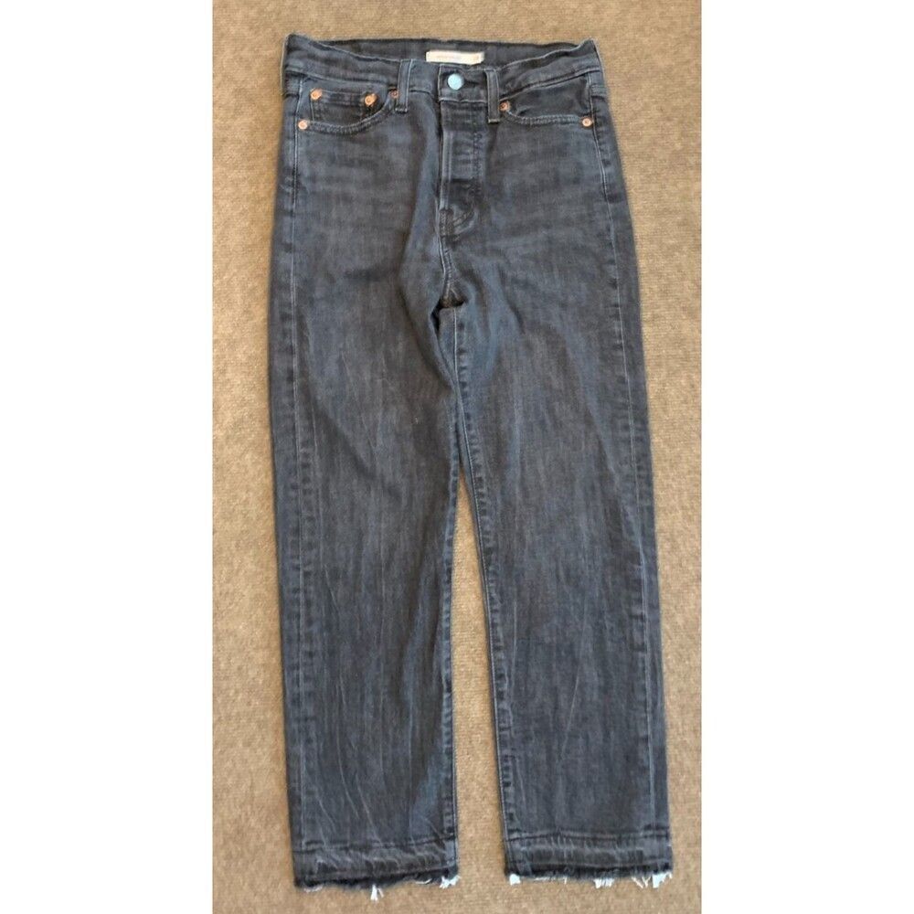 Levis Wedgie Straight Jeans Womens 28x26 High Rise Button Fly Gray Raw Hem Denim